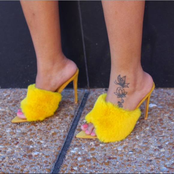 Yellow Faux Fur Mule Heels - Picture 3 of 6